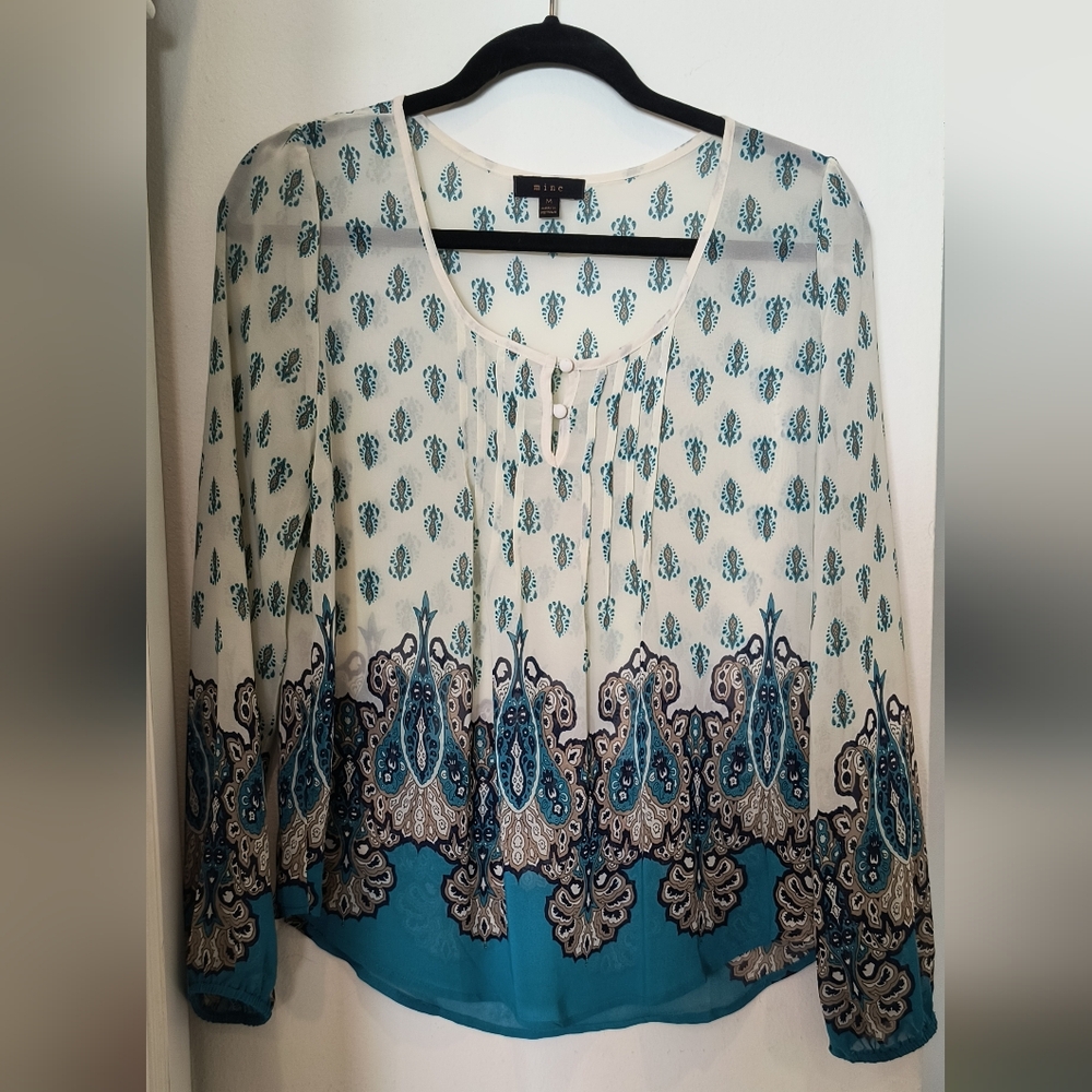 Mine Sheer Boho Top Long Sleeve Sz. M Blue